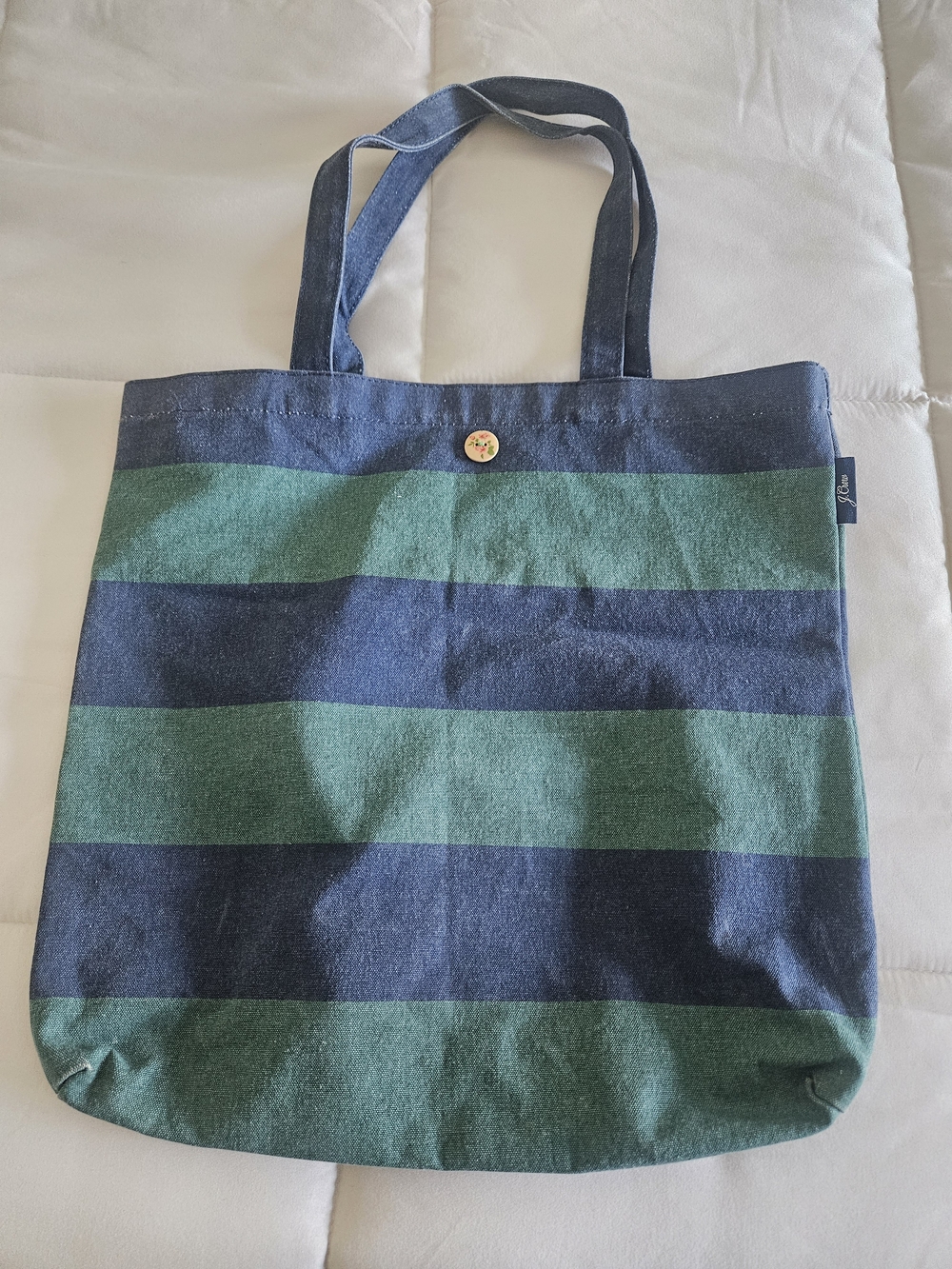 J. Crew Navy and Green Striped Canvas Tote
